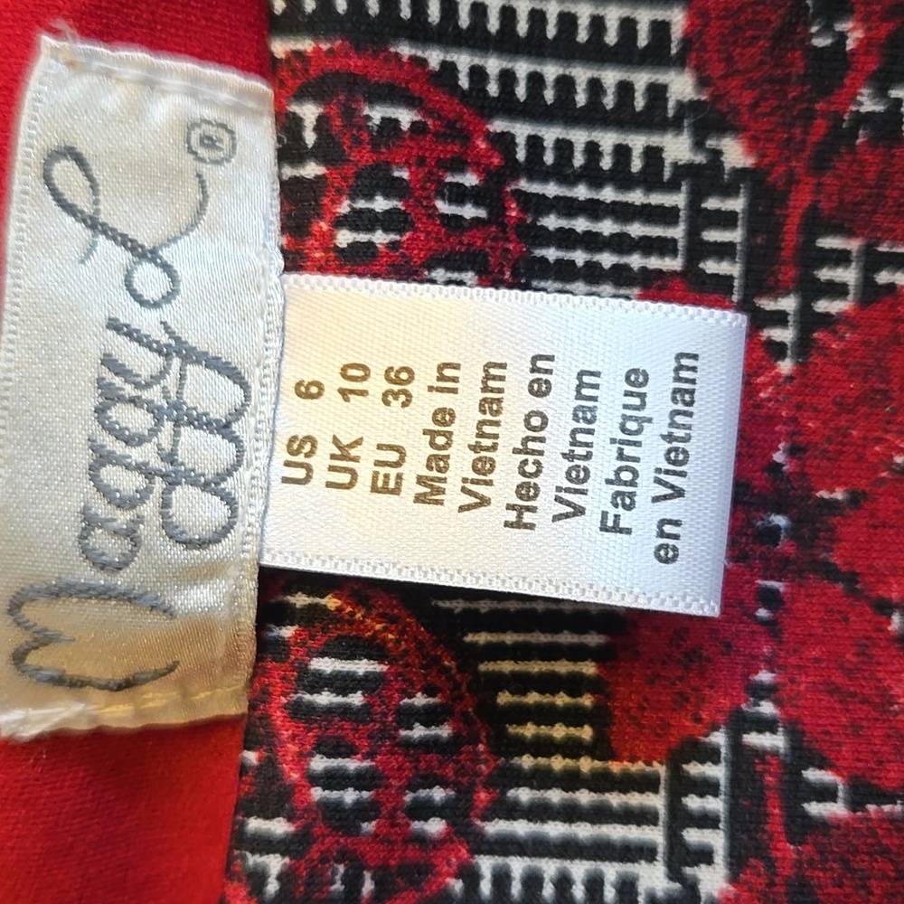 Maggie L-Blk/white plaid straight stretchy dress with red floral print Sz 6. - Picture 3 of 9